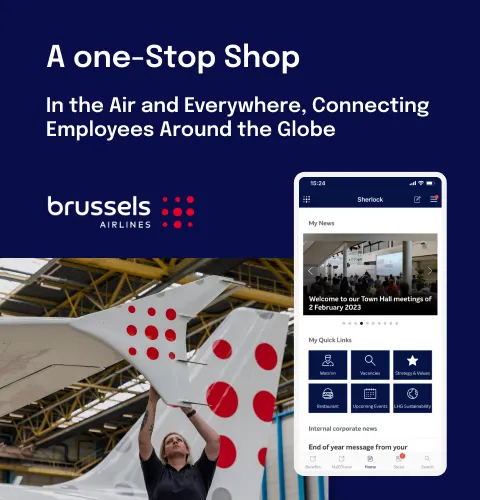 Brussels Airlines promotional image featuring a mobile app interface, an airplane tail with red dots, and a person raising arms in a hangar.