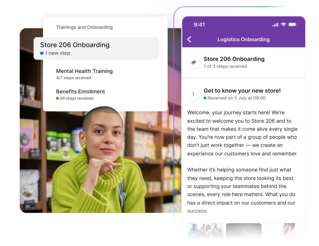 A person in a green sweater sits in a store. Overlay shows onboarding steps and a logistics onboarding message on a smartphone screen.