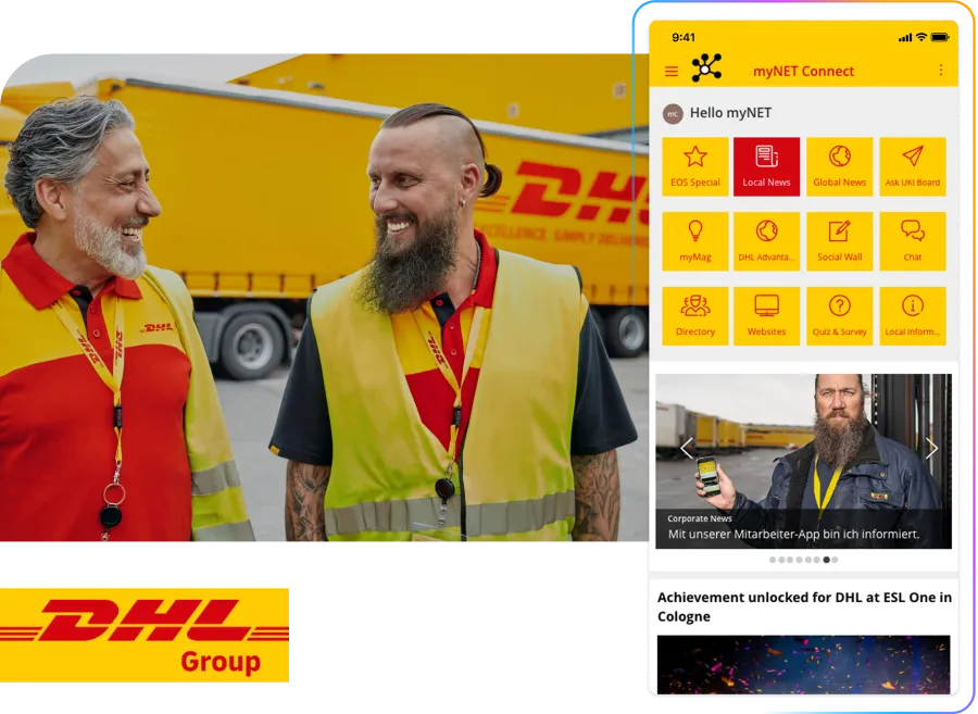 Two DHL employees smiling in front of a DHL truck. A smartphone screen shows the myNET Connect app interface. DHL Group logo is visible.