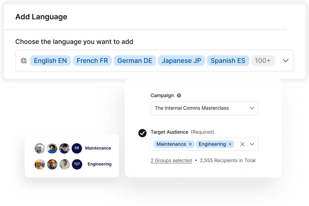 Interface showing language selection options and a campaign setup with target audiences "Maintenance" and "Engineering" selected.