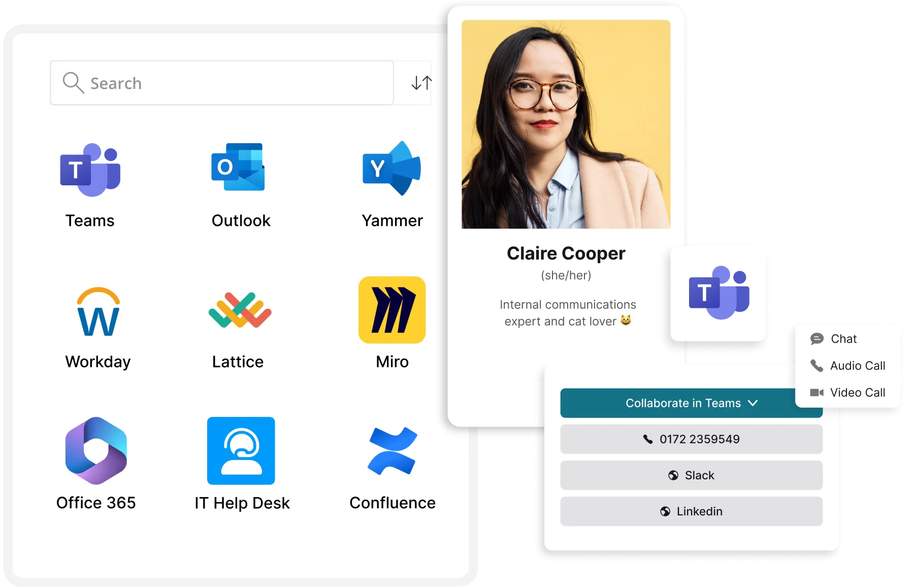 A digital interface displaying various app icons, a profile card of a woman labeled "Claire Cooper," and communication options like Slack and LinkedIn.