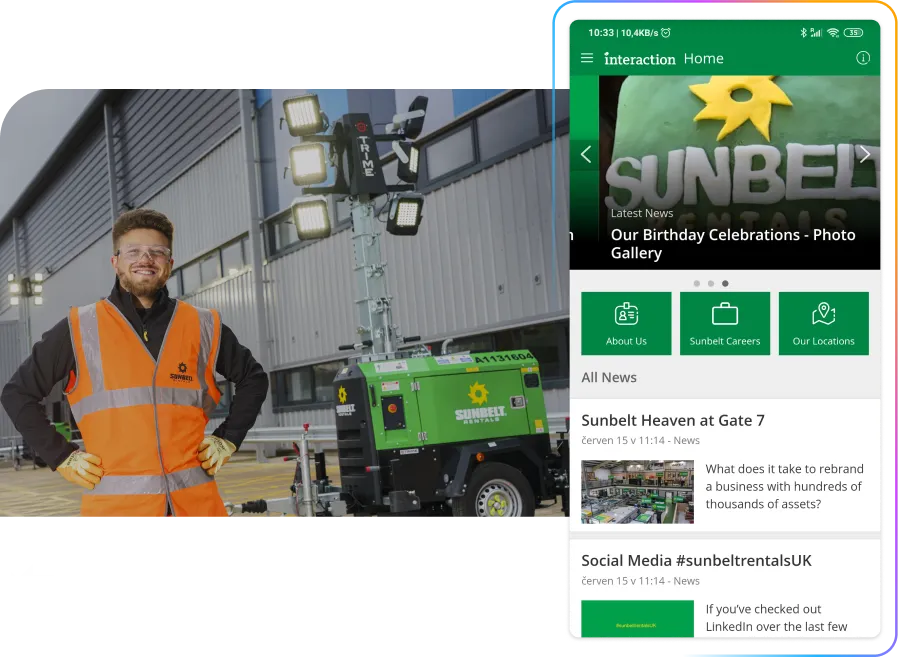 Smiling person in an orange vest stands by a green generator and lighting equipment. A smartphone screen displays the Sunbelt Rentals app.