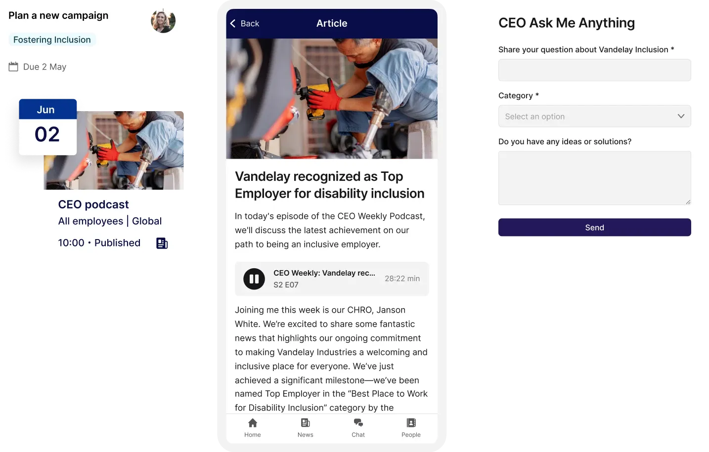 A digital interface showing a podcast episode about disability inclusion, a calendar event, and a form for submitting questions to a CEO.