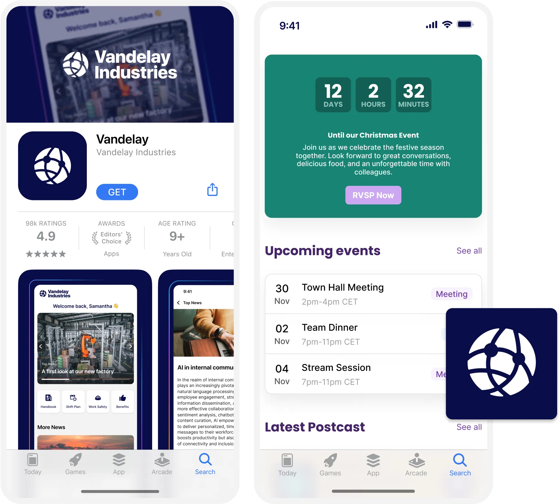 Mobile app interface showing Vandelay Industries with event countdown, upcoming events, and latest posts on two screens.