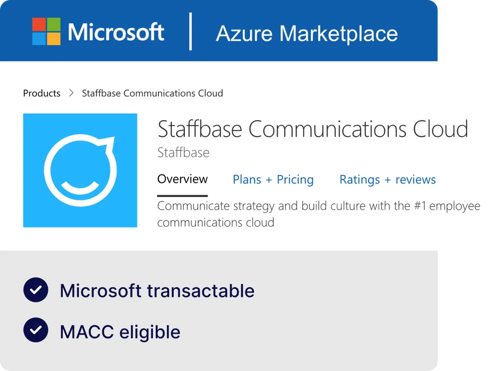 Azure Marketplace listing for Staffbase Communications Cloud, highlighting features like strategy communication and culture building.