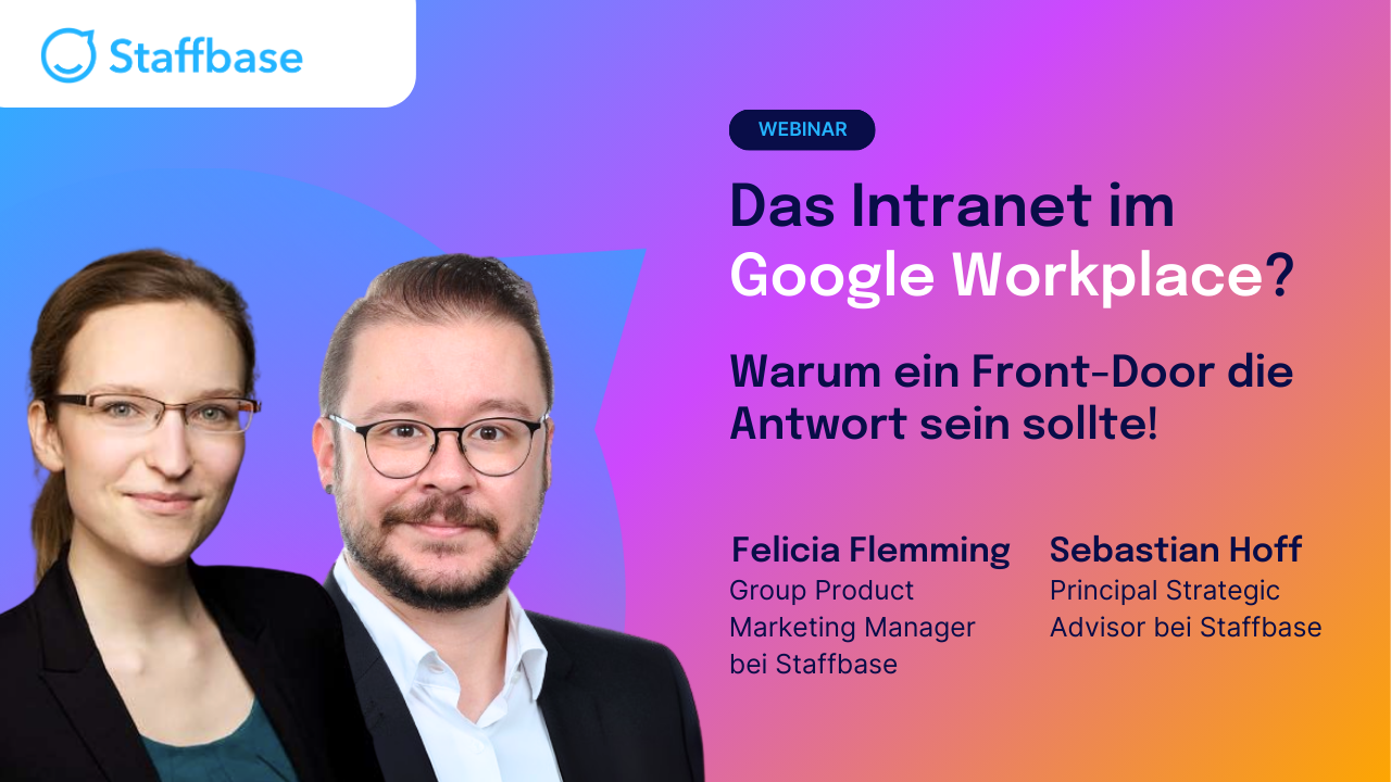 Webinar announcement with two presenters, Felicia Flemming and Sebastian Hoff, discussing intranet solutions in Google Workplace.