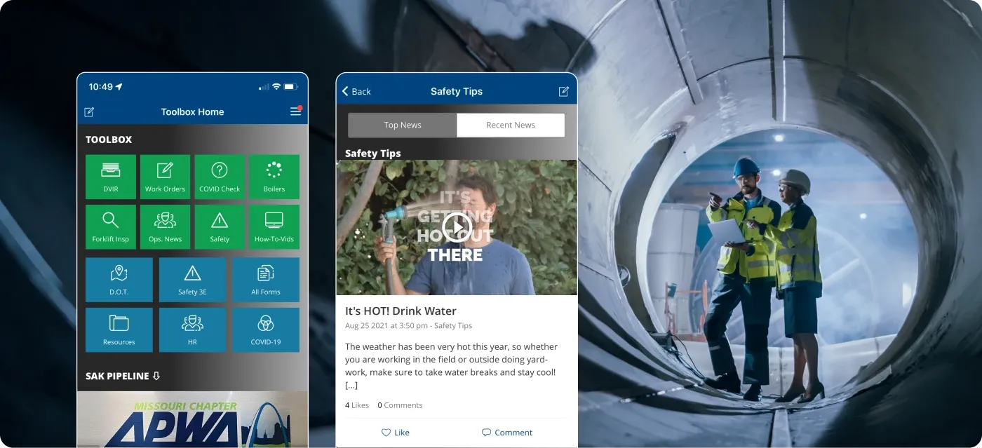 Mobile app interface with various tools and safety tips displayed; two workers in safety gear inspect a large tunnel.