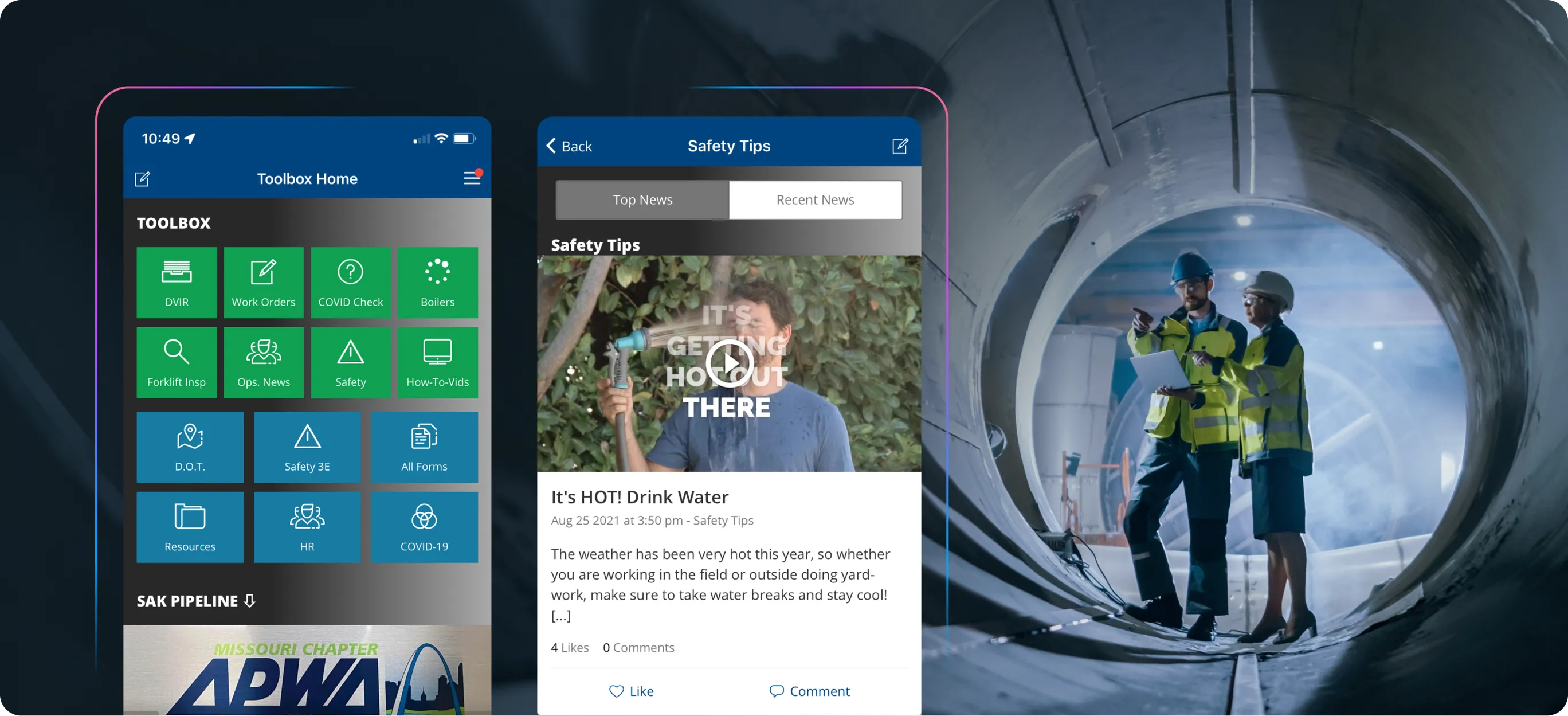 Mobile app interface with various tools and safety tips displayed; two workers in safety gear inspect a large tunnel.