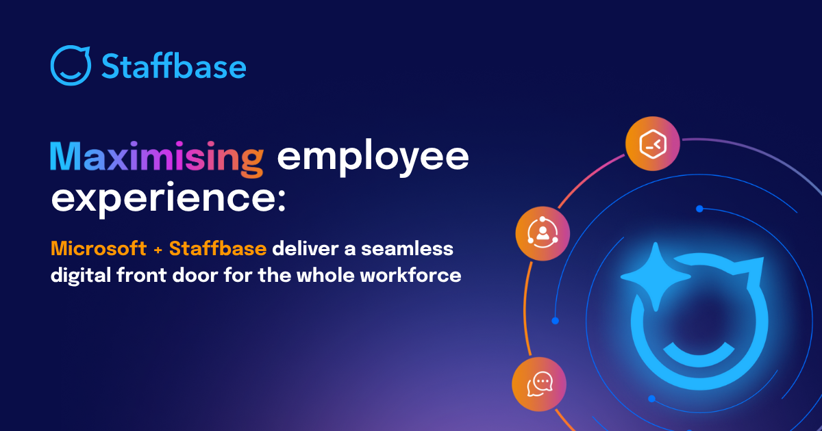 Maximising employee experience with Staffbase and Microsoft showing icons representing communication and collaboration