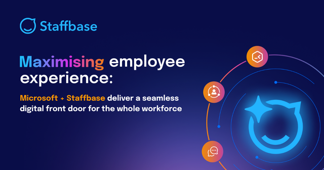 Maximising employee experience with Staffbase and Microsoft showing icons representing communication and collaboration