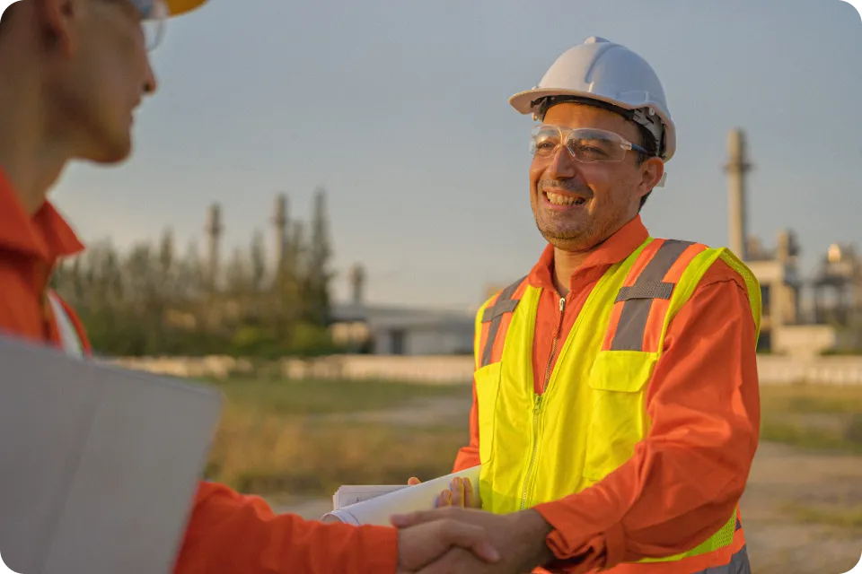 Two workers in hard hats and high-vis vests shake hands outdoors near an industrial facility, one holding documents, both smiling.