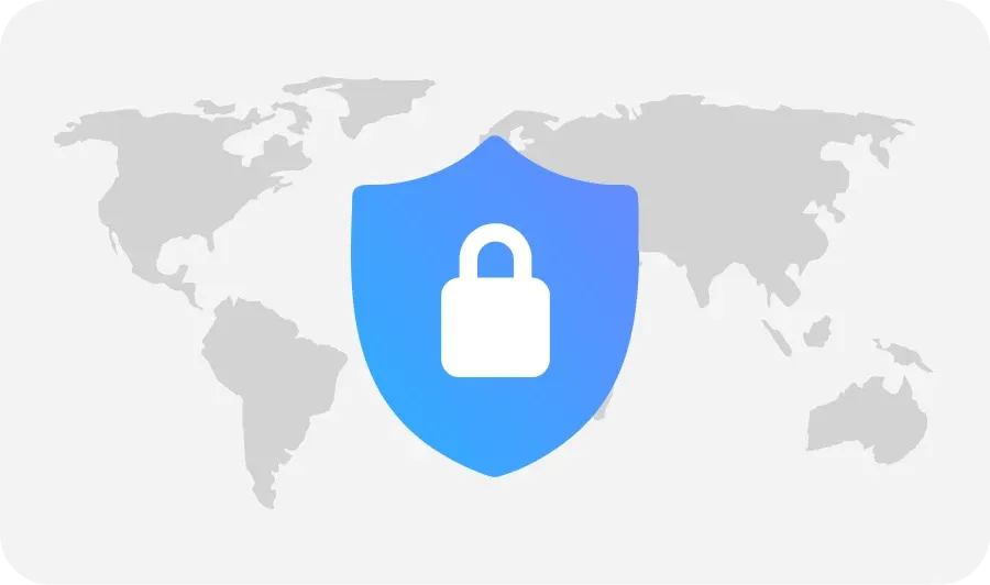 A blue shield with a white padlock icon is overlaid on a gray world map, symbolizing global security.