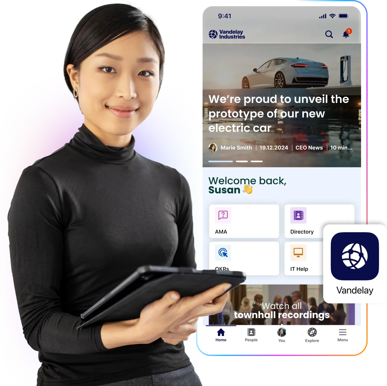 Woman holding a tablet next to a smartphone displaying a company app interface with news about an electric car prototype.