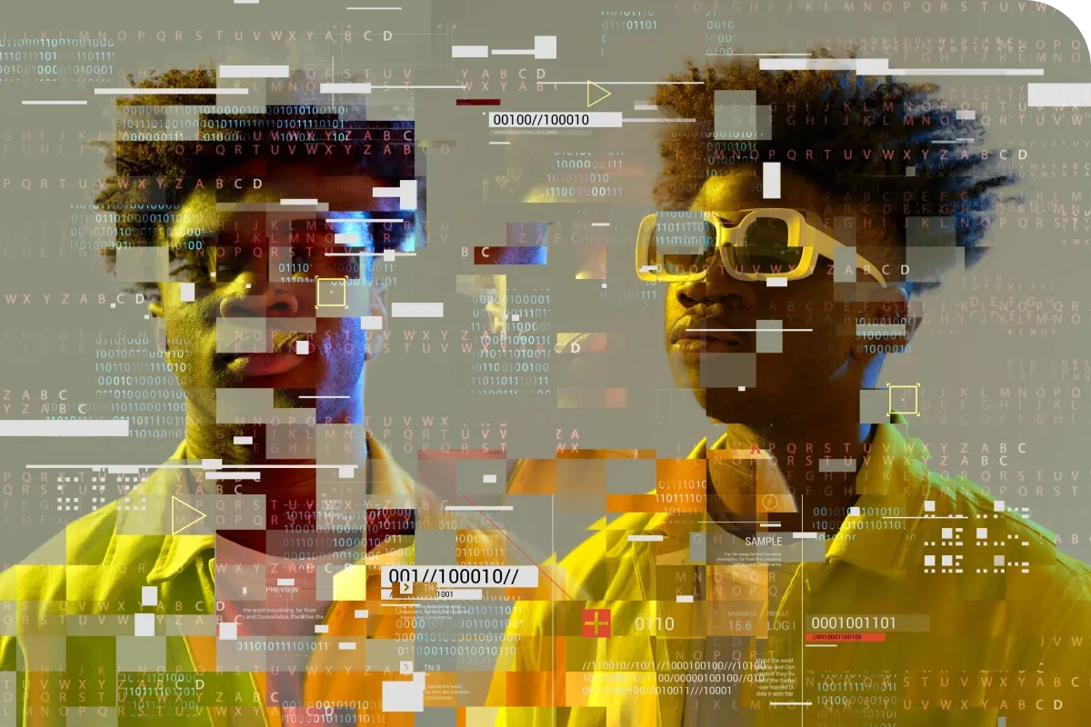 Two individuals with glasses and digital overlays, surrounded by numbers and letters, creating a futuristic, tech-inspired atmosphere.