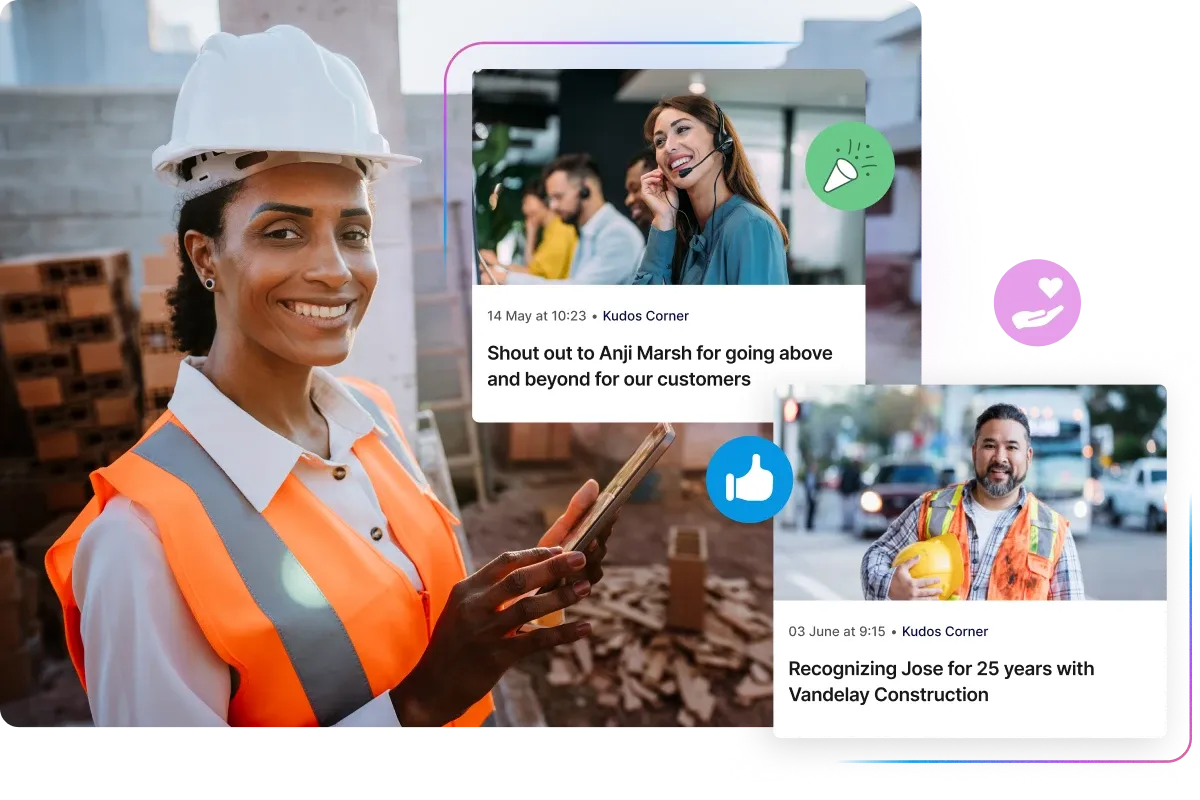 A construction worker in safety gear smiles at a site. Two inset images show colleagues being recognized for their achievements.