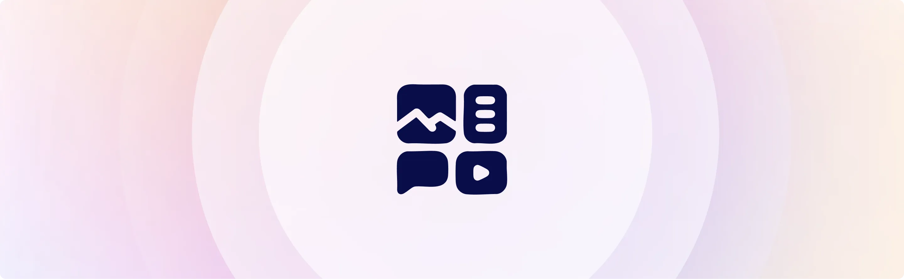 Icons of a mountain, list, speech bubble, and play button in dark blue on a soft gradient background.