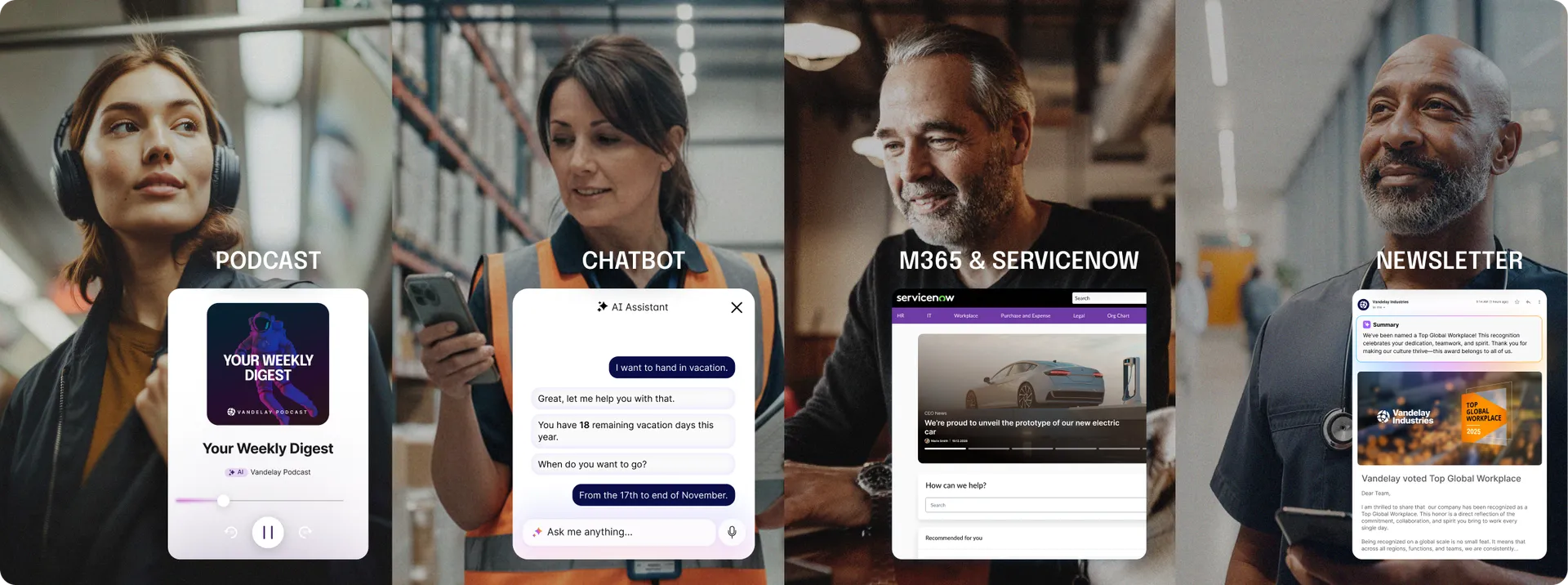 Four diverse professionals using digital tools: podcast, chatbot, M365 & ServiceNow, and newsletter, each with a relevant interface displayed.