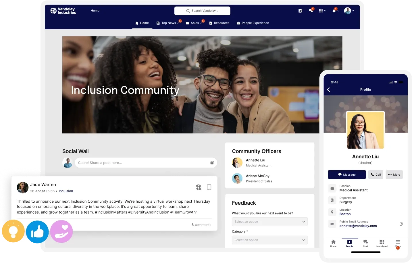 A digital platform displaying an "Inclusion Community" page with user posts, feedback, and member profiles on desktop and mobile screens.