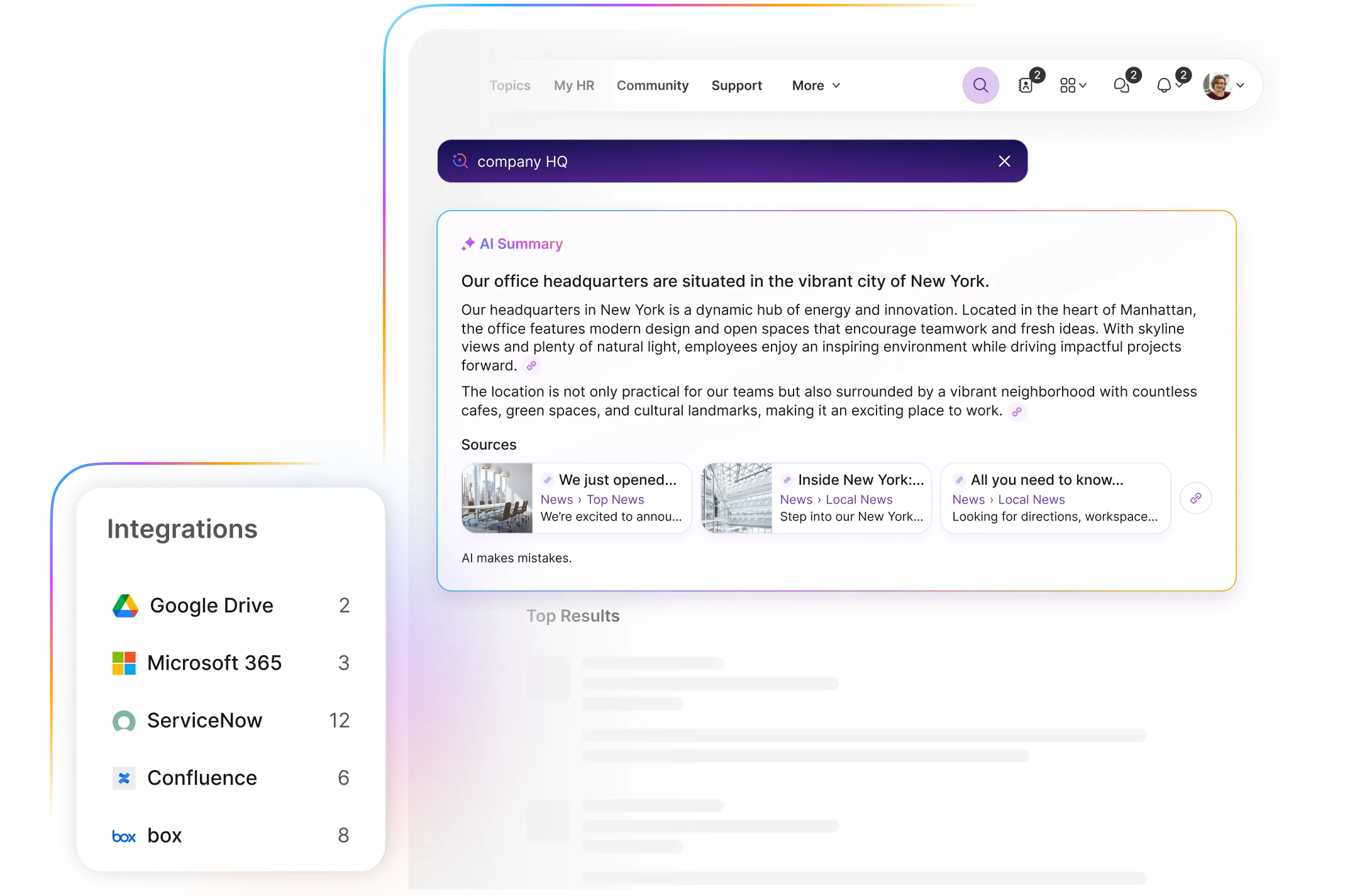 Interface showing a search bar with "company HQ," AI summary about New York office, and integrations with Google Drive, Microsoft 365, and others.