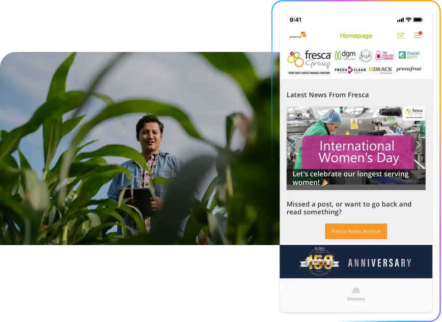 A person stands in a field holding a tablet. Next to them is a mobile screen displaying Fresca Group's website with an International Women's Day banner.
