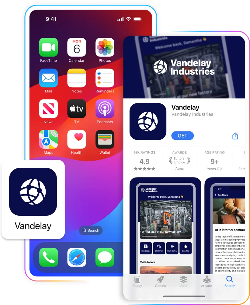 Smartphone screens displaying a home screen with app icons, and an app store page for "Vandelay Industries" with ratings and screenshots.