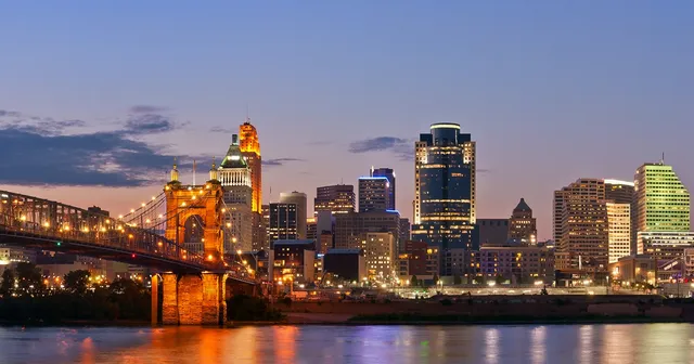 City skyline at dusk with illuminated bridge and buildings reflecting on a calm river under a clear sky.