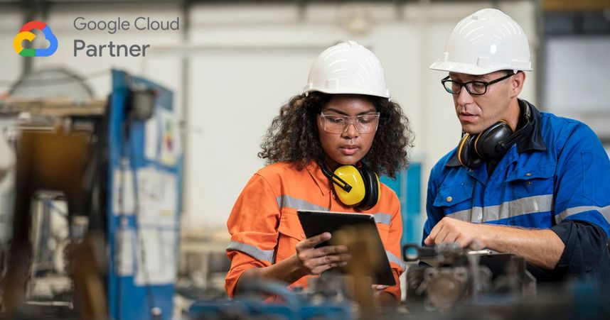 workers in hardhats communicate at work
