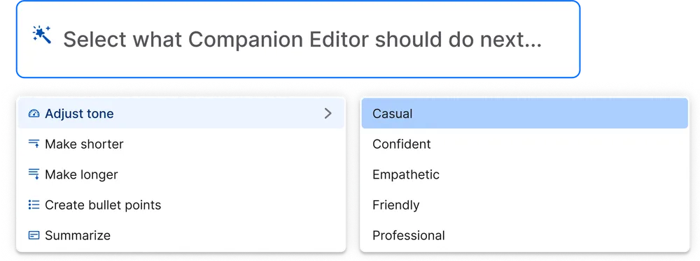 Menu with options to adjust text tone: Casual, Confident, Empathetic, Friendly, Professional. Other actions: Make shorter, longer, bullet points, summarize.