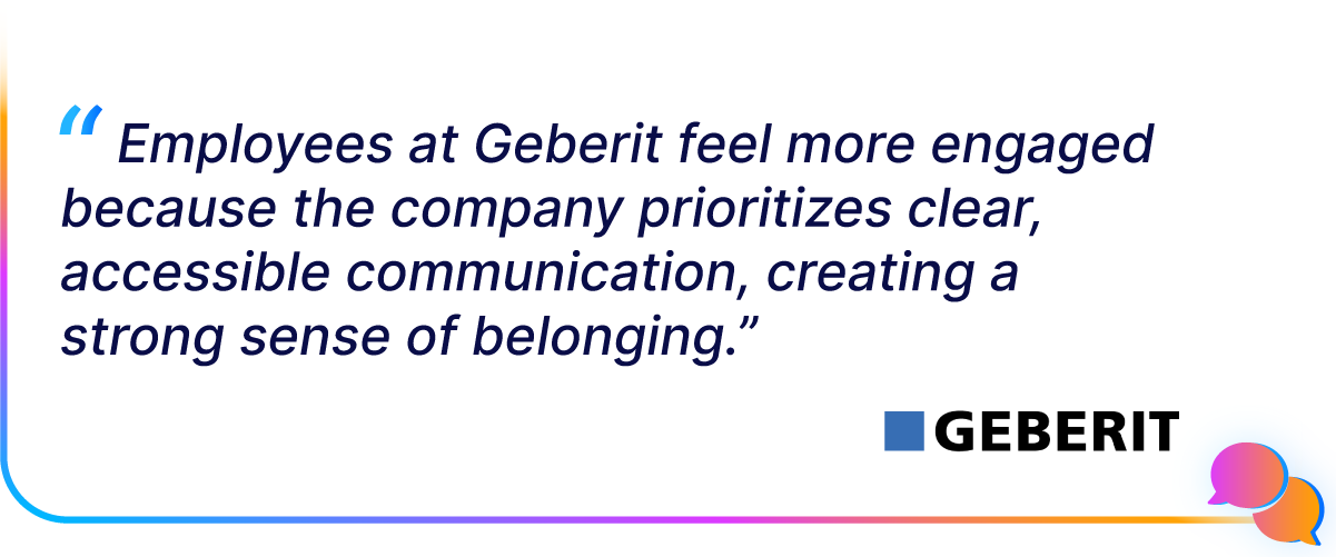 Quote about employee engagement and communication at Geberit, with company logo and colorful border.
