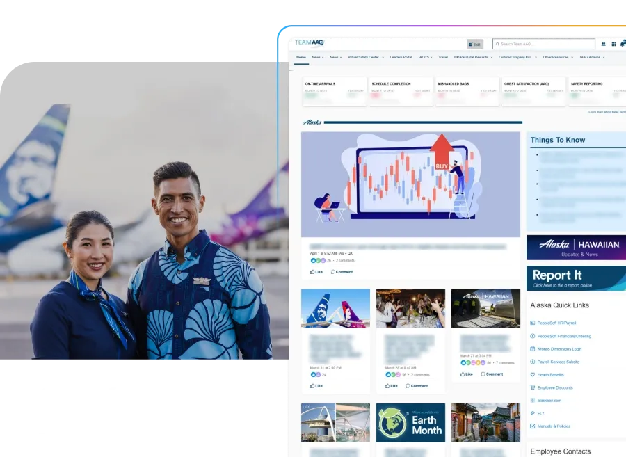 Smiling individuals in uniform stand outdoors; a website interface is displayed featuring charts, links, and informational sections.
