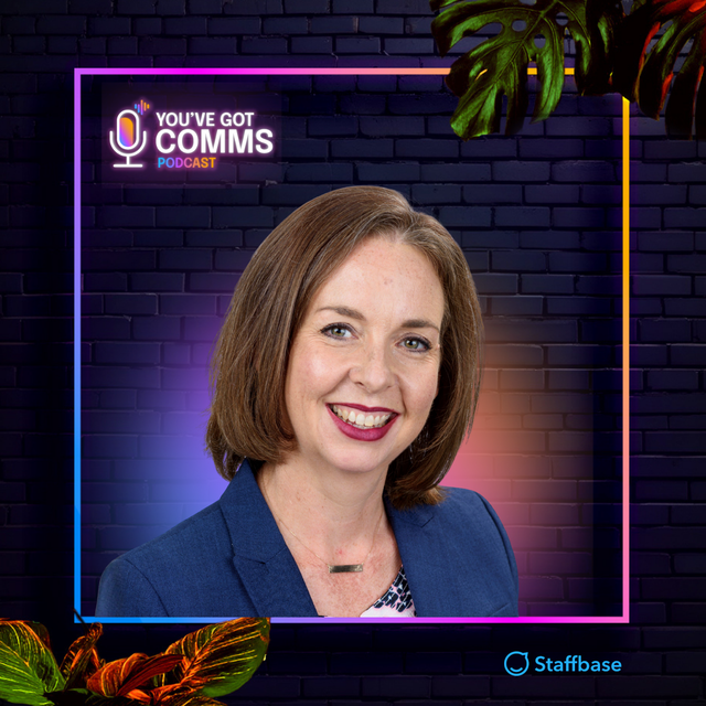 Smiling woman with shoulder-length hair in a podcast-themed frame, featuring neon lights and tropical leaves. Logo: "You've Got Comms Podcast."
