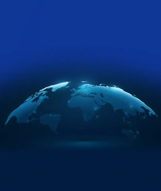 A glowing, semi-transparent globe against a dark blue background, highlighting continents with scattered light points.