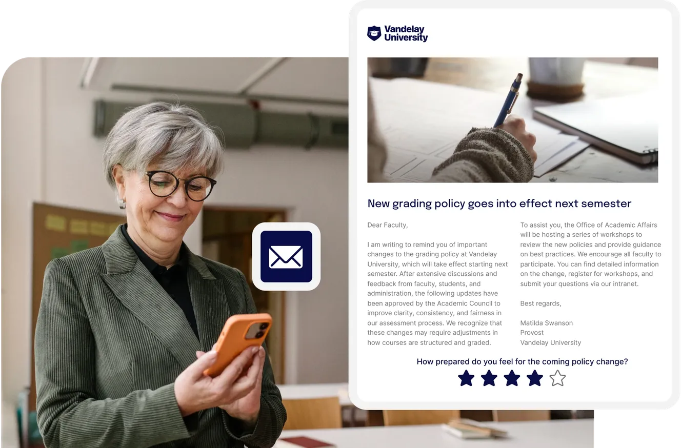 Elderly woman smiling at phone next to a document about a new grading policy from Vandelay University.