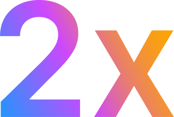 The image shows "2X" in a gradient color, transitioning from purple to orange.