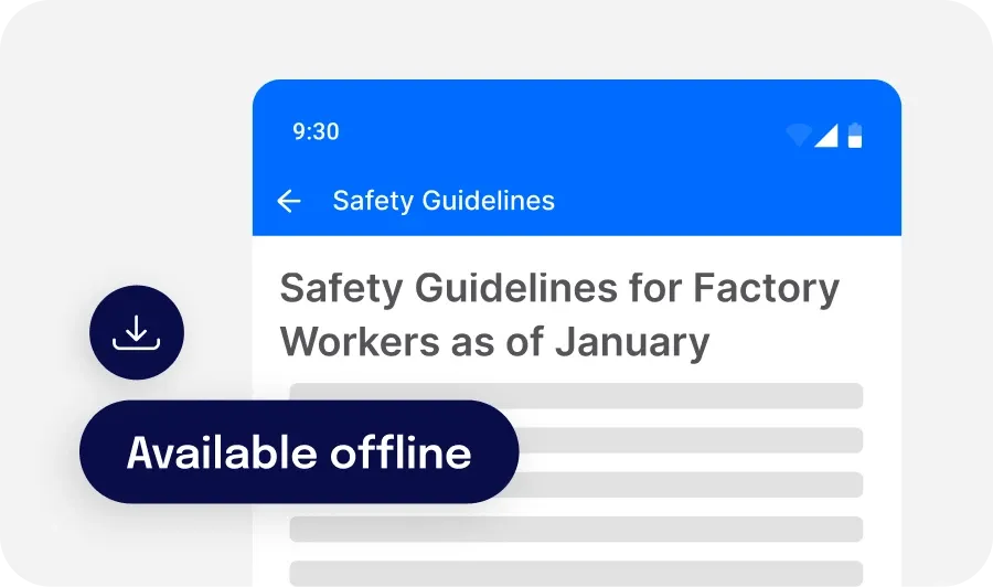 Mobile screen displaying "Safety Guidelines for Factory Workers as of January" with a download icon and "Available offline" label.