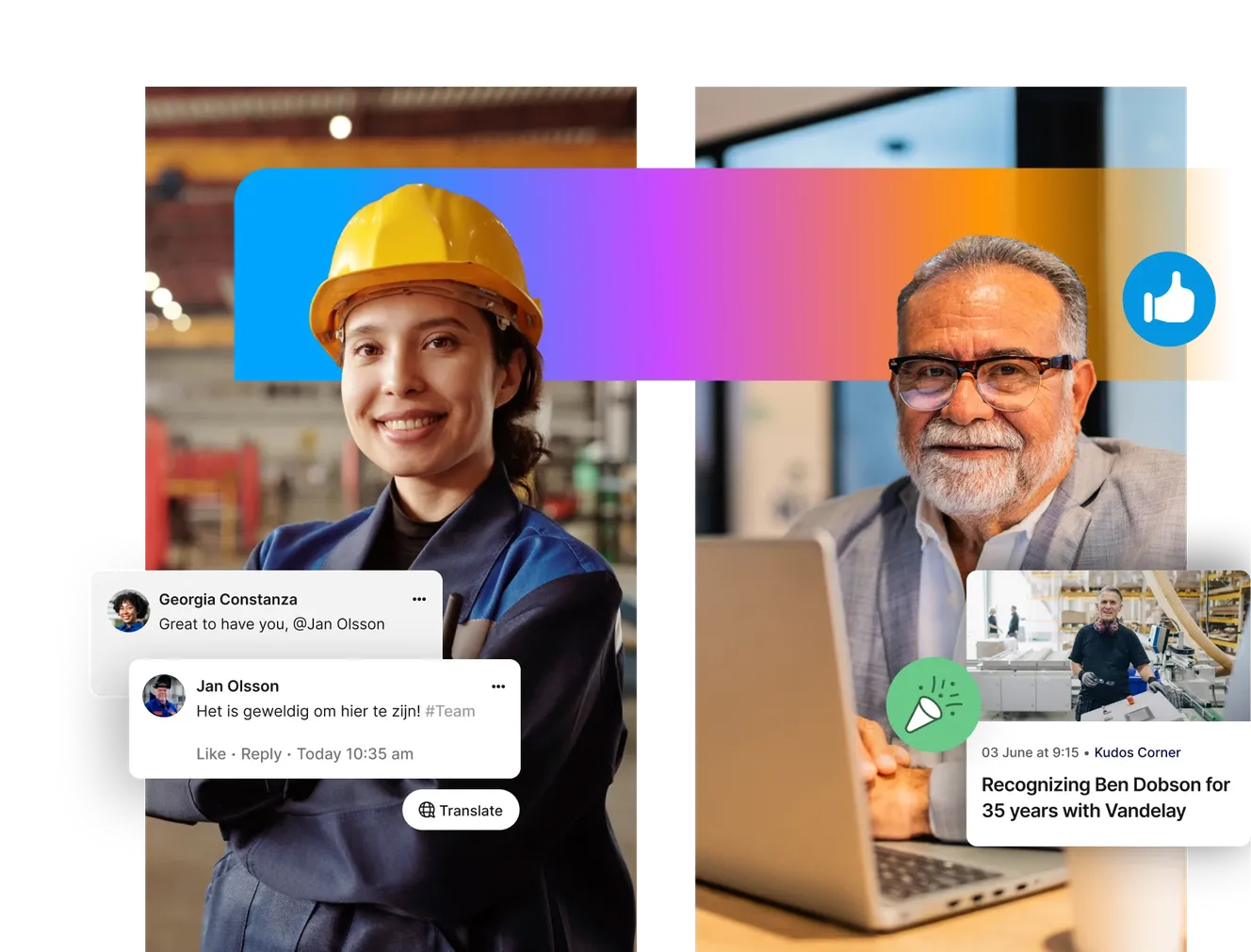 A woman in a hard hat and a man with glasses are shown with social media comments and a recognition post overlay.