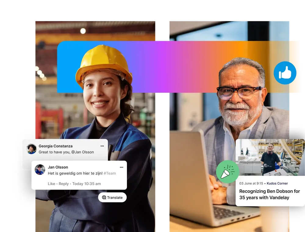 A woman in a hard hat and a man with glasses are shown with social media comments and a recognition post overlay.