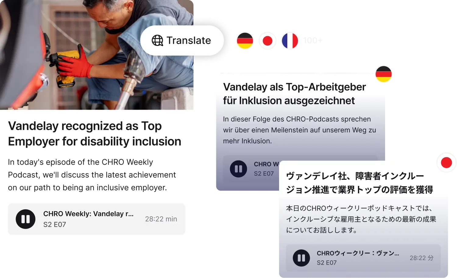 Podcast episode with text in multiple languages discussing Vandelay's recognition as a top employer for disability inclusion.