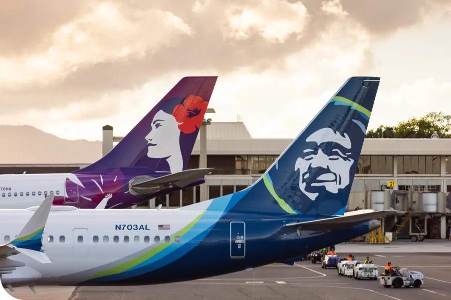 Airplane tails at an airport: one with a woman's profile and flower, the other with a man's face, against a cloudy sky backdrop.
