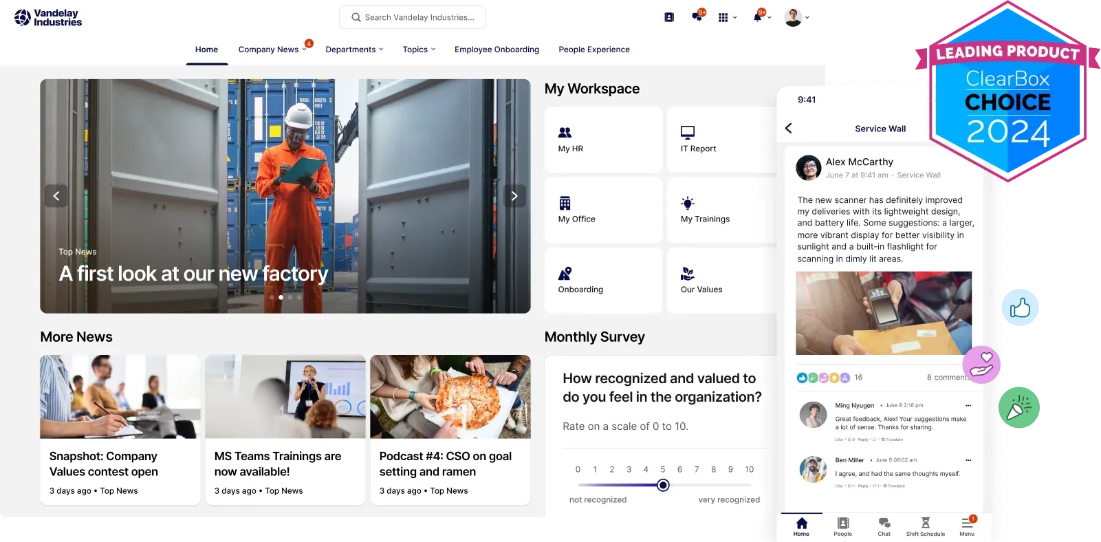 Company intranet homepage showing a worker in a factory, workspace tools, news articles, a monthly survey, and a social media feed.