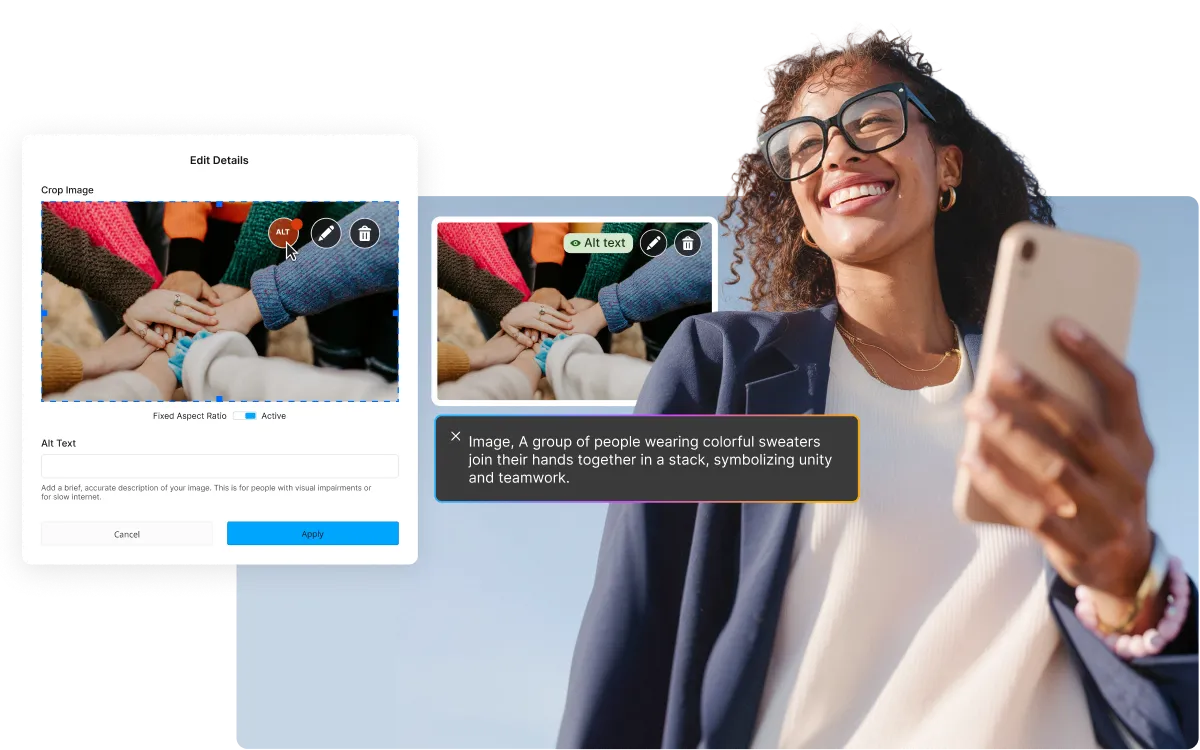 Image, A group of people wearing colorful sweaters join their hands together in a stack, symbolizing unity and teamwork.