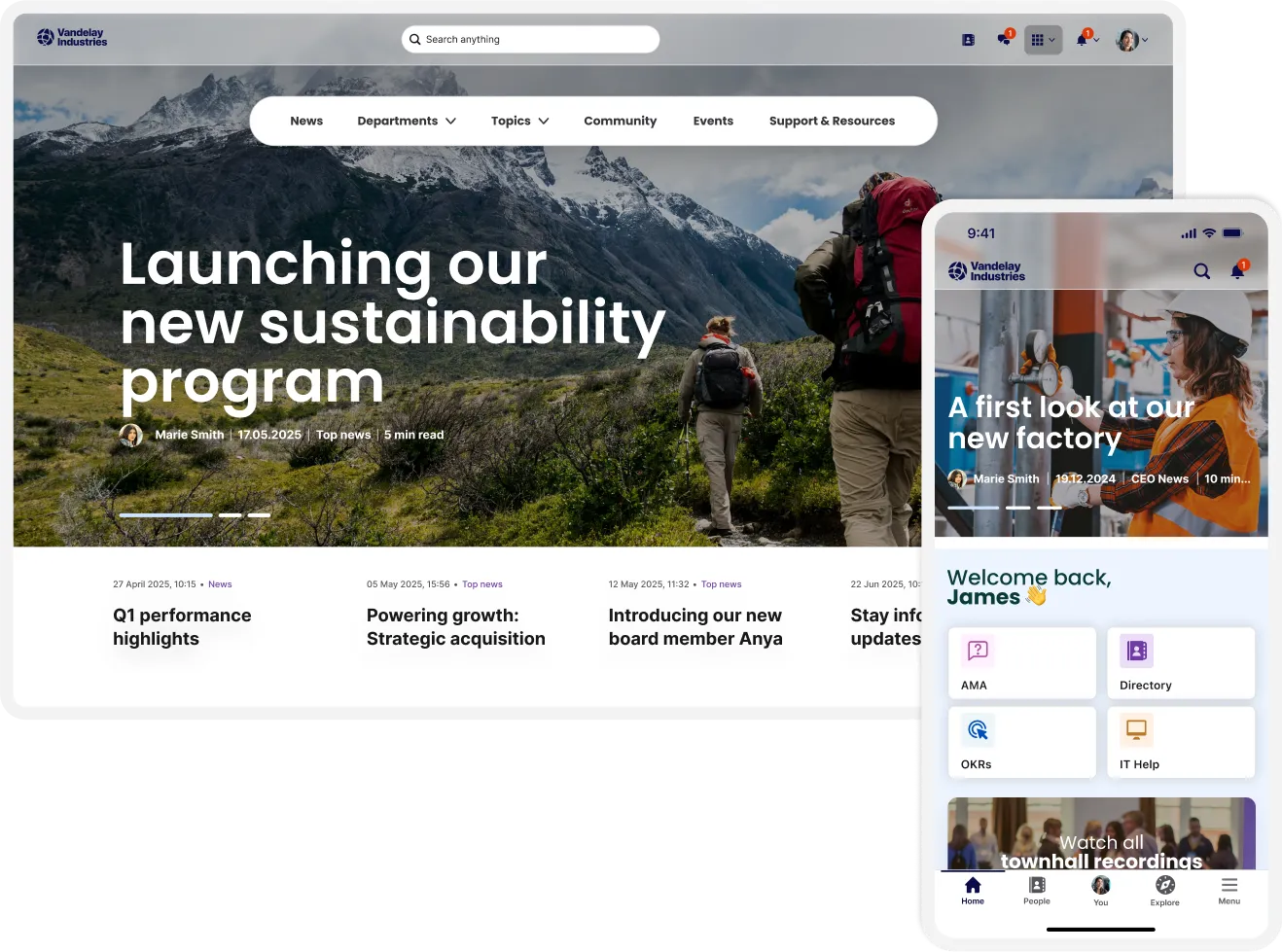 Webpage and mobile app interface showing sustainability program launch, news articles, and a welcome message with various navigation options.