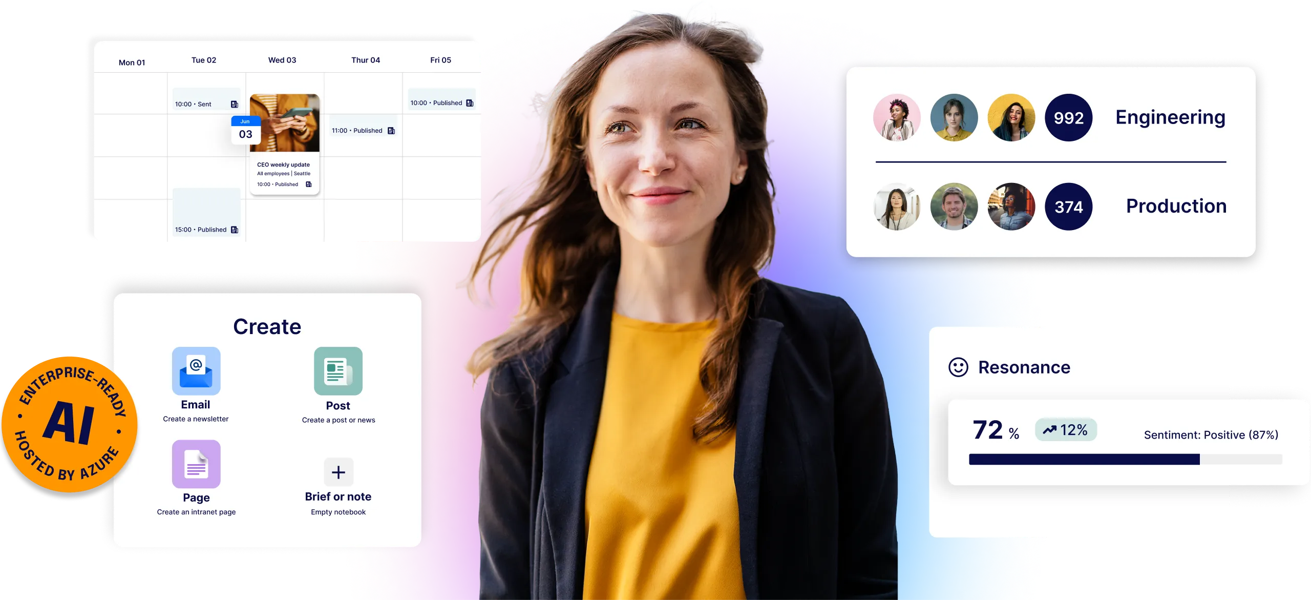 Smiling woman with long hair stands in front of digital interface displaying schedules, team stats, and sentiment analysis.