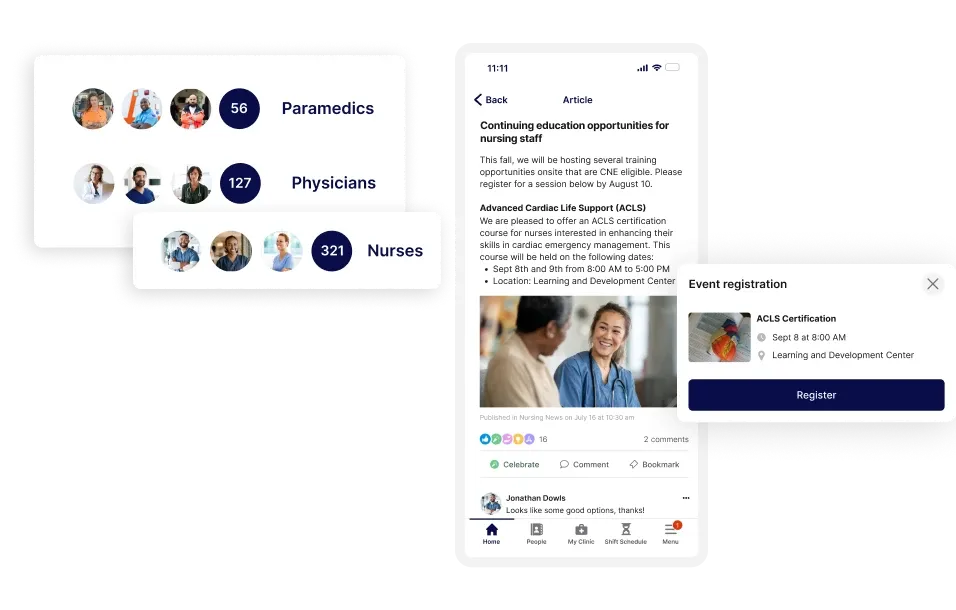 Mobile app interface showing user groups, an article on nursing education, and an event registration pop-up for ACLS certification.