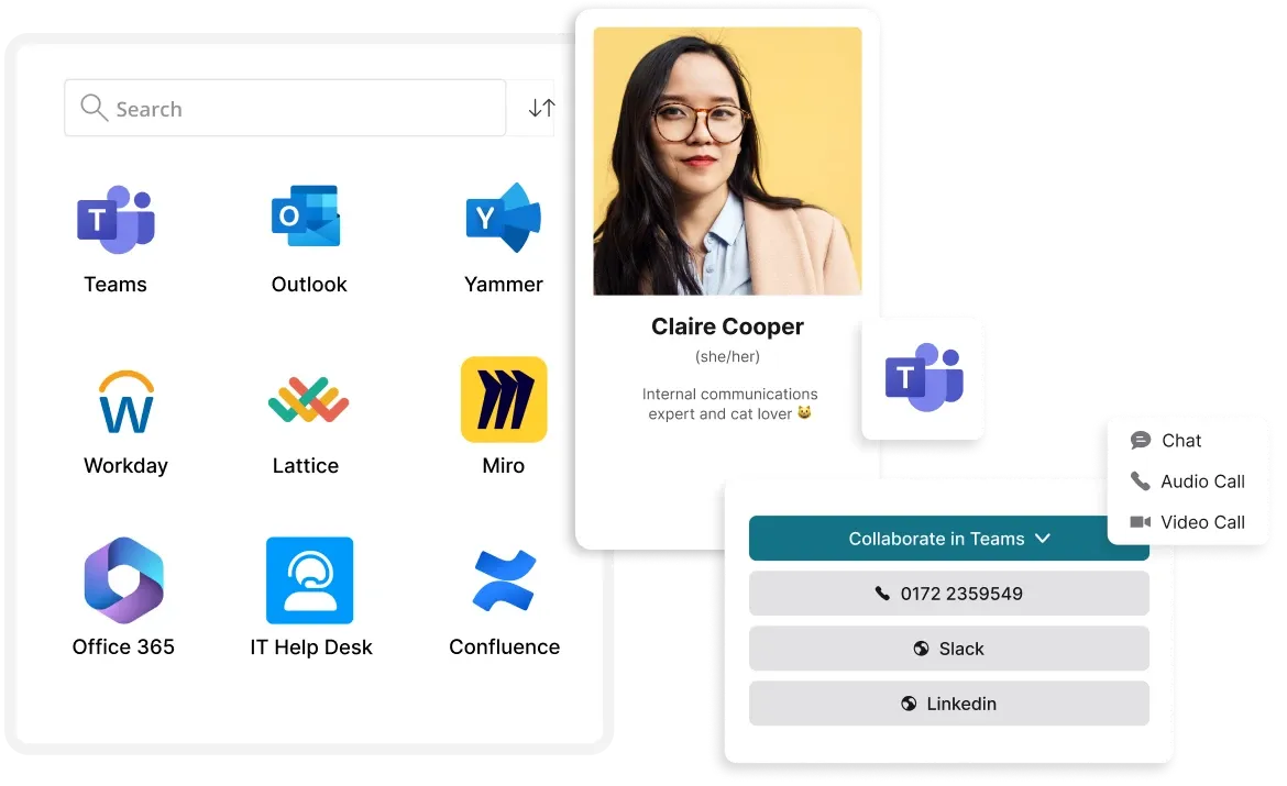 Interface showing various app icons, a profile card of a woman named Claire Cooper, and communication options like chat, audio call, and video call.