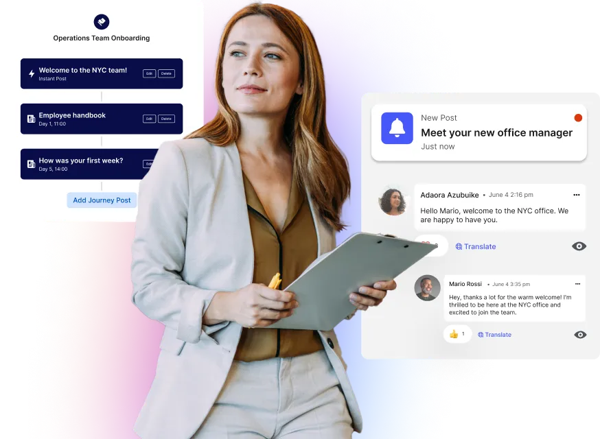 A person holding a tablet stands next to digital onboarding messages and notifications about a new office manager.