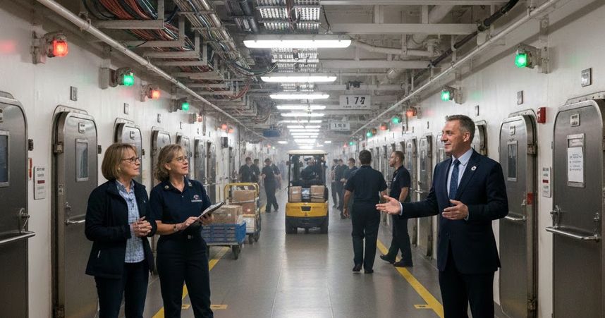People working and talking in the central maintenance corridor of a cruise ship