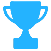 Blue trophy icon with a simple, classic design, featuring a wide cup, two handles, and a sturdy base.