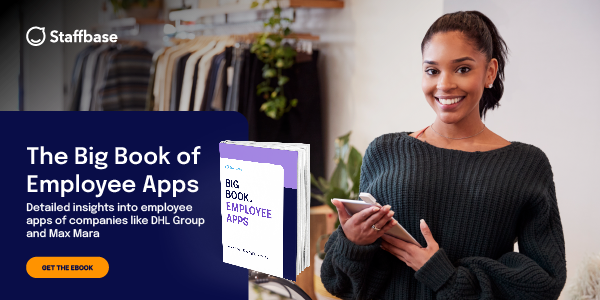 Smiling young woman holding a smartphone, next to a Staffbase banner promoting 'The Big Book of Employee Apps.' The banner highlights detailed insights into employee apps from companies like DHL Group and Max Mara, with a yellow button inviting users to get the e-book.