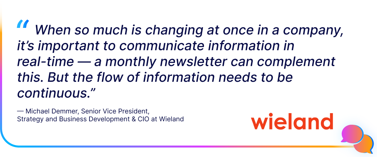 Quote about the importance of continuous communication in companies, attributed to Michael Demmer from Wieland, with a colorful border.